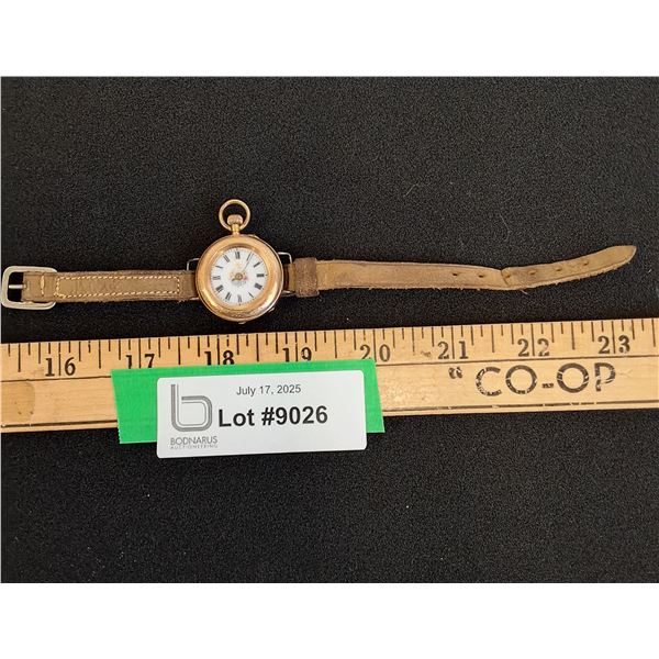 ^ Vintage Small Pocket/Wrist Watch - 14K Gold & Leather Strap - Needs Glass Cover - As Is