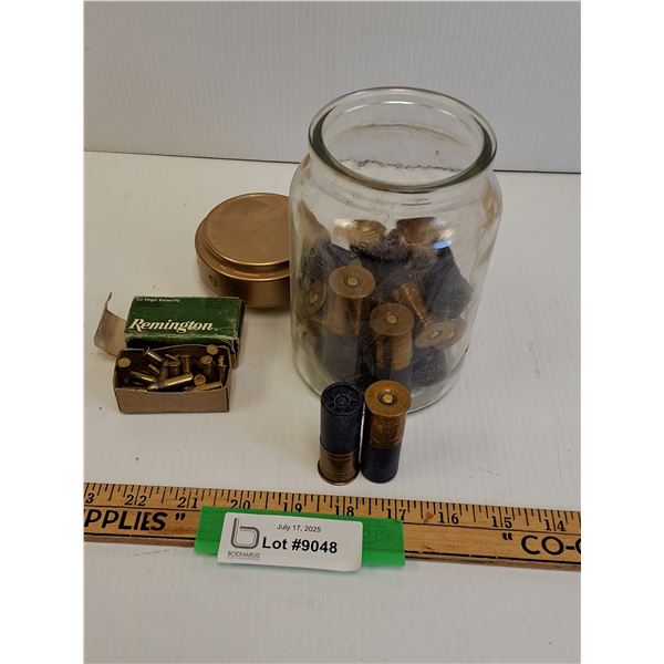 *^ Glass Jar of Various Ammo - Box of Remington 22 Ammo & 12 Gauge Ammo - NEEDS PAL