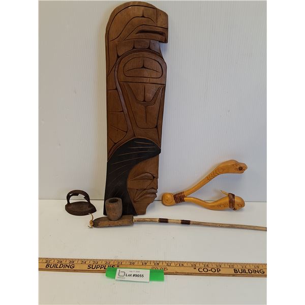 Indigenous Carved Wood Art Plaque, Ceremonial Carved Pipe, Antique Sad Iron - 3.5"