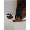 Image 2 : Indigenous Carved Wood Art Plaque, Ceremonial Carved Pipe, Antique Sad Iron - 3.5"