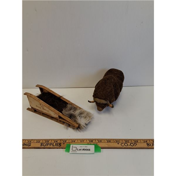 Handmade Indigenous Sled (PA 1968) & Muskox Figurine - 7" x 5"