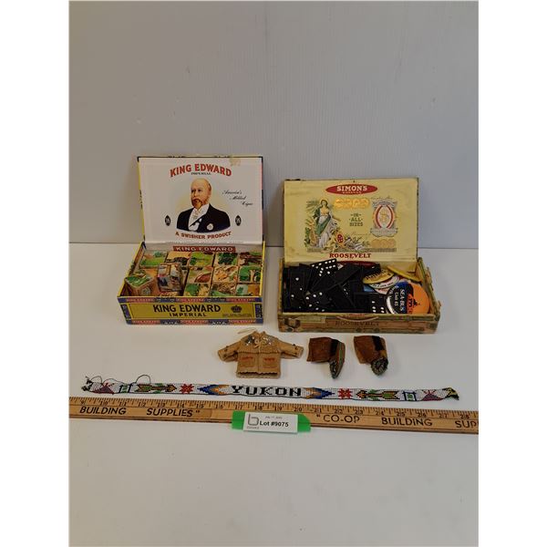 (2) Cigar Boxes-(1) Wooden Puzzle, Indigenous Bead Work- Dominoes And Pins