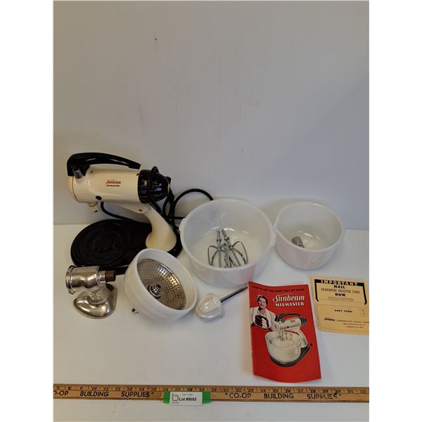 Vintage Sunbeam Mix Master w/Accessories & Milk Glass Bowls - Powers On - Has Manual