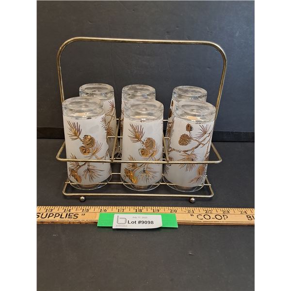 MCM Dominion Pine Cone Frosted Glasses Set w/ Metal Caddy