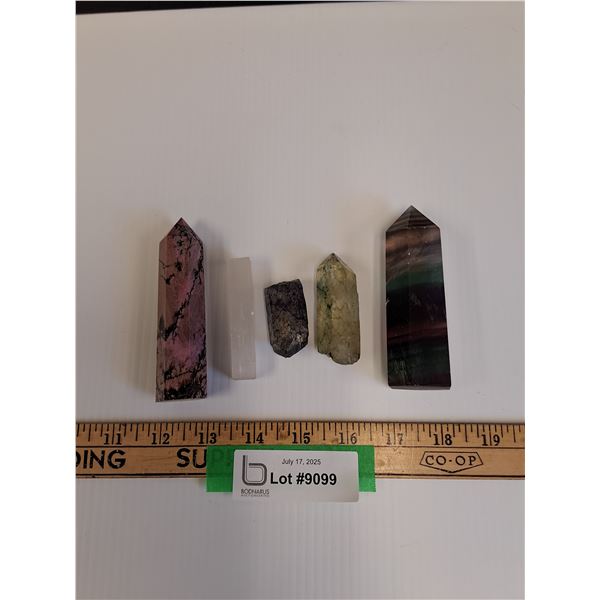(5) Crystal Wands: Flourite, Rhodonite, Quartz, Misc