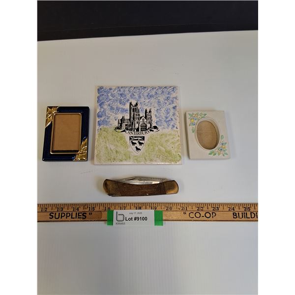 Folding Hunting Knife, (2) Small Picture Frames, Canterbury Ceramic Tile