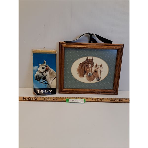 Petit Point Horse Picture (12" x10") & 1967 Horse Calendar and Postcards