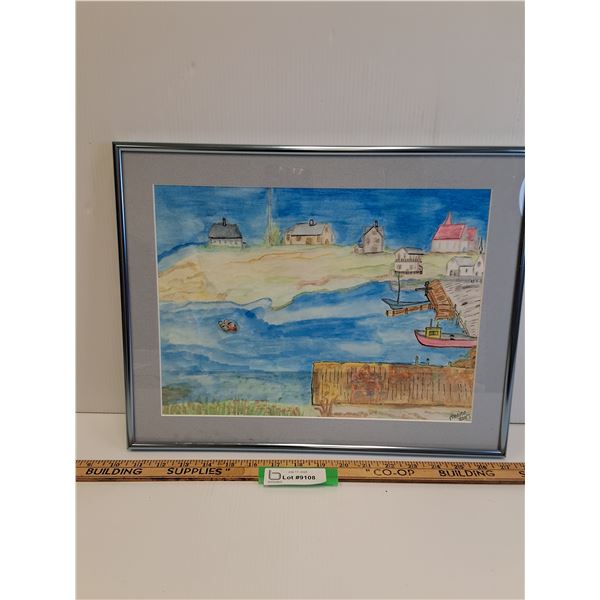 Watercolor Painting of Canadian East Coast Fishing Village - 17" x 13"
