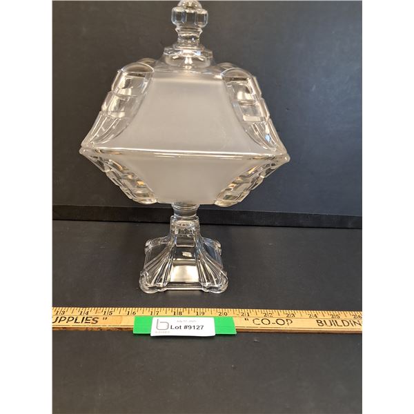 Antique Bakewell Pears & Co Frosted Ribbon Pattern Glass Compote Dish w/ Lid - 12" x  7"