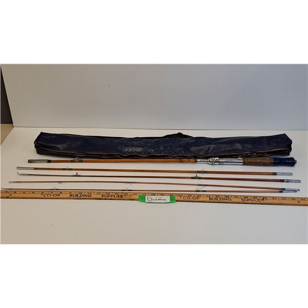 Vintage Wood Fishing Pole w/Carrying Case & Extra Tip Sections  - 33" Long Folded & 98" Long Togethe