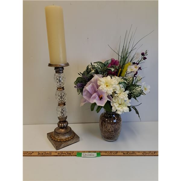 Pillar Candle & Candle Holder (16" Tall, Holder) & Faux Flower in Vase