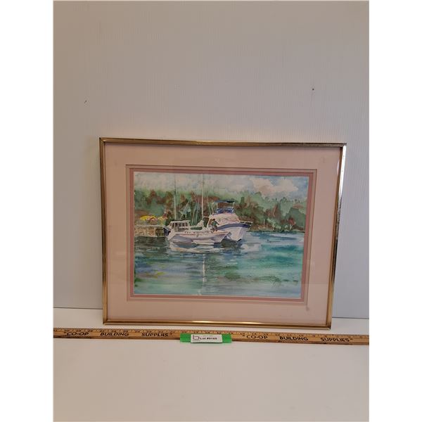 Watercolor Coastal Dock Scene Painting in Metal Frame - Artist G. Rogers - 20" x 16"