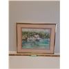 Image 1 : Watercolor Coastal Dock Scene Painting in Metal Frame - Artist G. Rogers - 20" x 16"