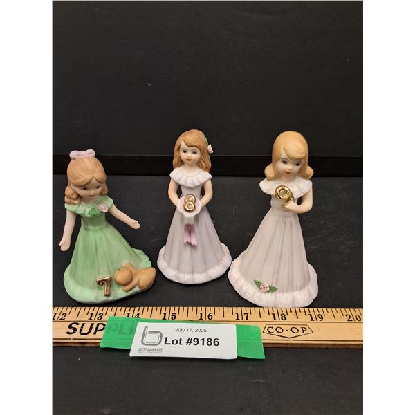 (3) Enesco Birthday Girl Figurine - 7, 8, 9, (9 Has Broken arm)