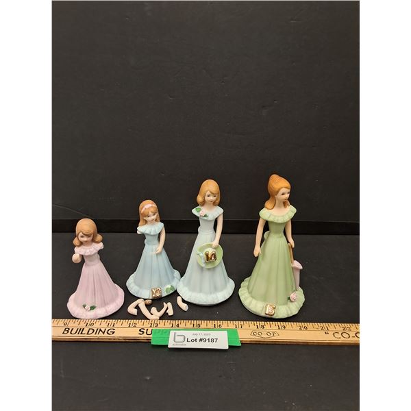 (4) Enesco Birthday Girl Figurine - 9, 10, 14, 15 (14, 10, 9 Have Broken  Arms )