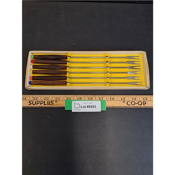 (6) MCM Wood Handles Fondue Fork Set in Box