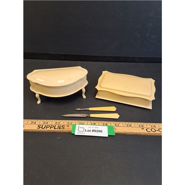 French Ivory Set: (2) Vanity Trinket Boxes & (2) Nail Tools