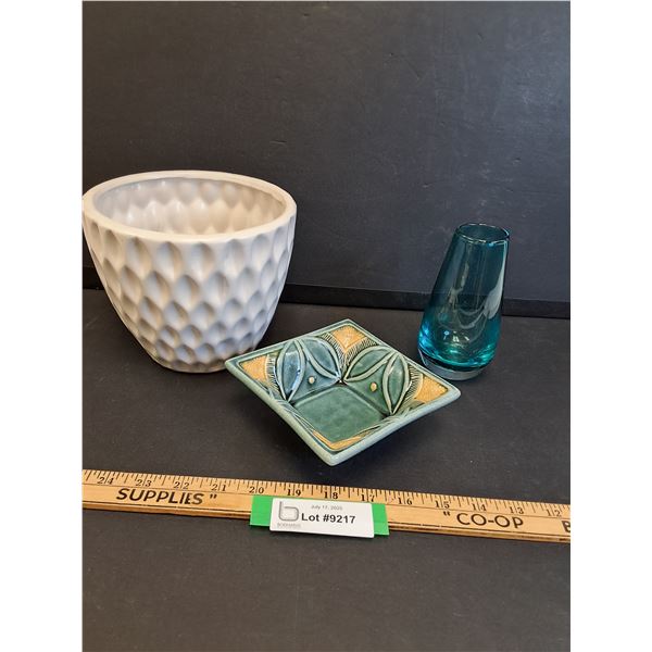 Blue Oblong Vase (5.5" Tall), Green Handmade Candy Dish, White MCM Style Plant Holder