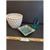 Image 1 : Blue Oblong Vase (5.5" Tall), Green Handmade Candy Dish, White MCM Style Plant Holder