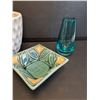 Image 2 : Blue Oblong Vase (5.5" Tall), Green Handmade Candy Dish, White MCM Style Plant Holder