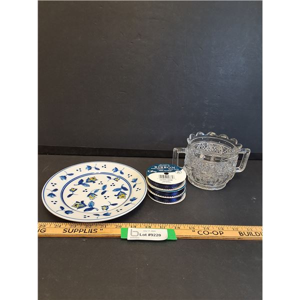 Blue Delft Plate ( 8" Diameter), (3) Blue Ribbon Spools, Bryce Higbee Pressed Glass Spoon Spooner Di