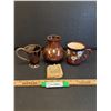 Image 1 : (3) Brown Drip Glaze Pottery Items - (2) Mugs & (1) Vase, SASA Pottery Ashtray