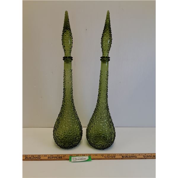 (2) Vintage Italy Empoli Green Glass Hobnail Genie Bottle Decanter - 22" Tall