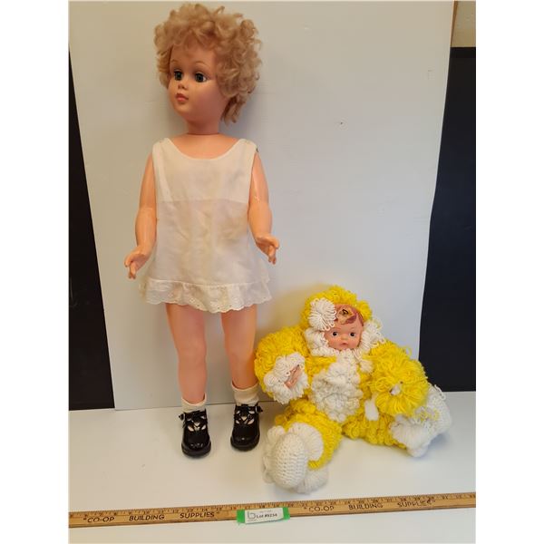 (2) Vintage Dolls: Blinking Eyed Doll (32" Tall) & Baby Doll w/Knitted Clothes (Some Wear)