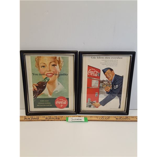 (2) Vintage Coca Cola Magazine Picture in Frame - 9.5" x 11"
