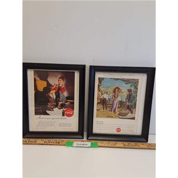 (2) Vintage Coca Cola Magazine Picture in Frame - 9.5" x 11"