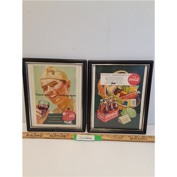 (2) Vintage Coca Cola Magazine Picture in Frame - 9.5" x 11"