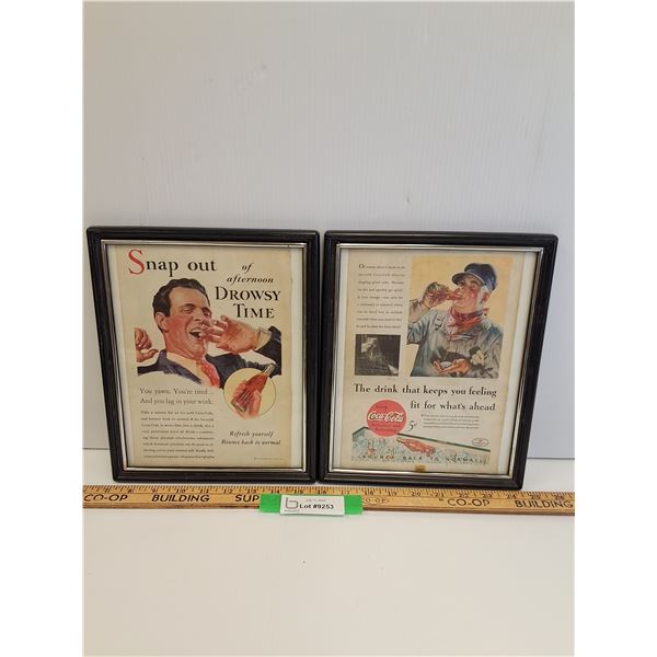 (2) Vintage Coca Cola Magazine Picture in Frame - 9.5" x 11"