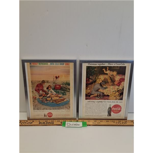 (2) Vintage Coca Cola Magazine Picture in Frame - 9.5" x 11"