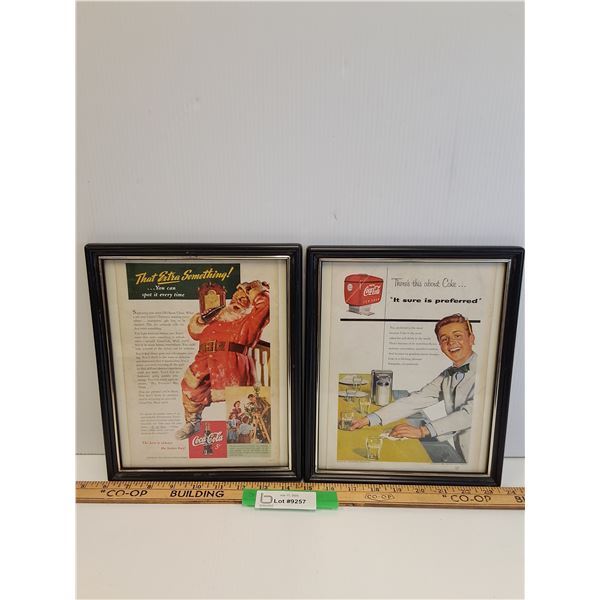 (2) Vintage Coca Cola Magazine Picture in Frame - 9.5" x 11"