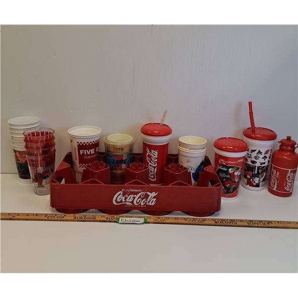 Coca Cola Two Liter Plastic Carrying Case w/Various Coca Cola Cups & Cups w/Straws