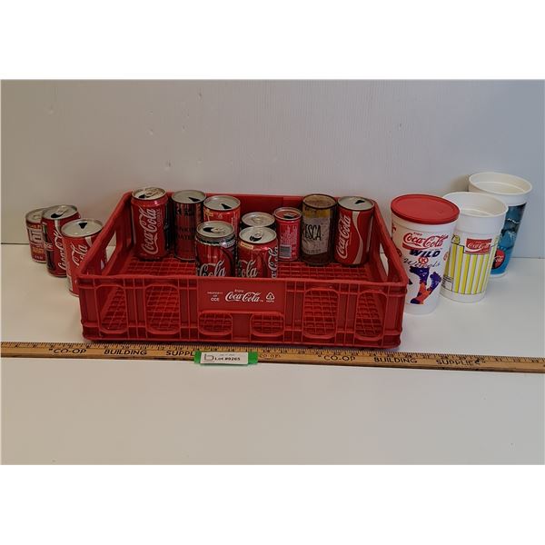 Coca Cola Plastic Pop Flat & Various VIntage Cans & Plastic Collector Cups