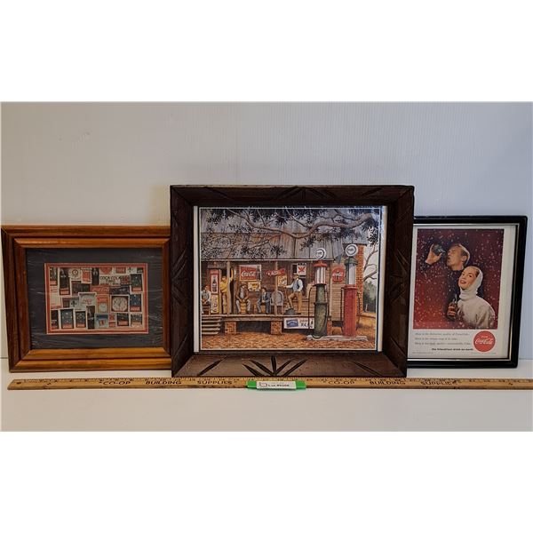 (3) Coca Cola Vintage Prints in Picture Frames - Various Sizes