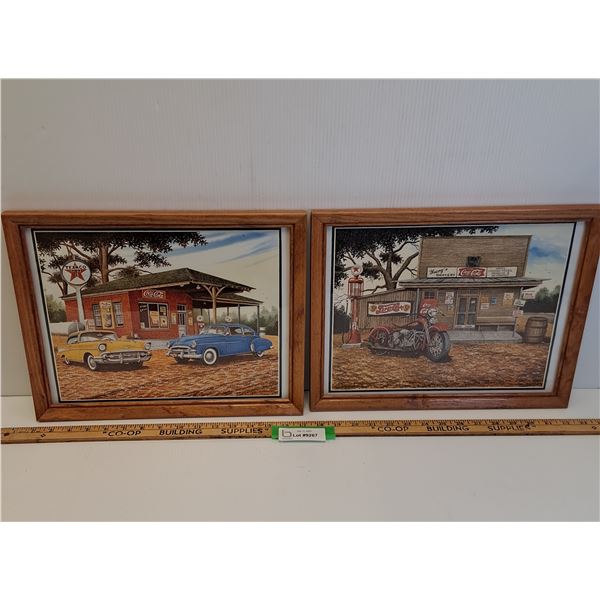(2) Coca Cola Gas Station Vintage Themed Prints in Frames - 12" x 14"