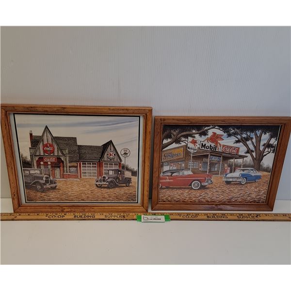 (2) Coca Cola Gas Station Vintage Themed Prints in Frames - 12" x 14" & 10" x 14"