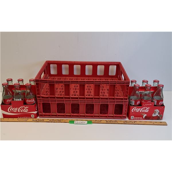 (2) Plastic Stacking Coca Cola Flats & (2) Six Pack of Coca Cola Bottles w/ Carrying Cases