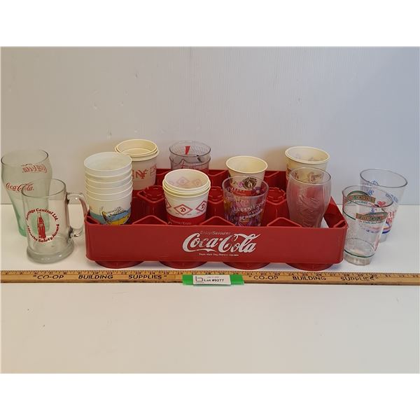 Coca Cola Two Litre Pop Carrying Plastic Flat & Various Glass & Plastic Cup Collection