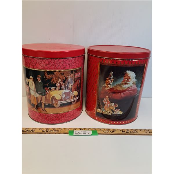 (2) Coca Cola Popcorn Tin Collector Bins - 11" x 10" Each