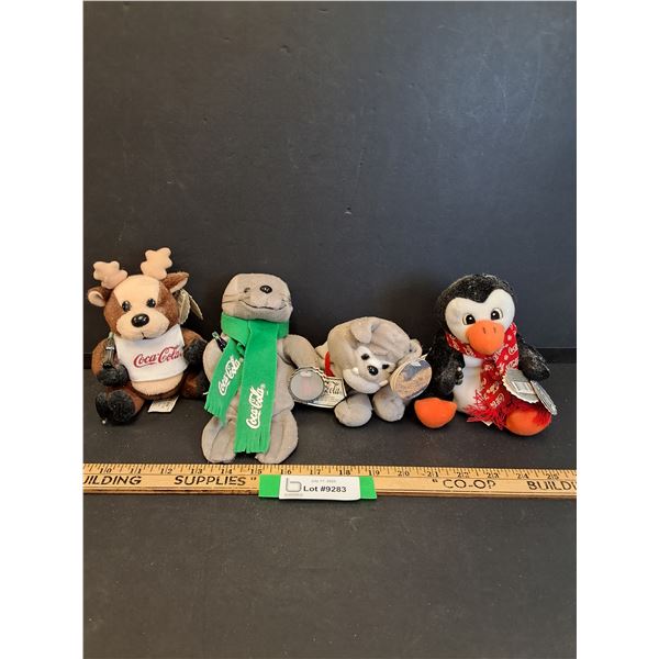 (4) Beanie Babies Coca Cola Stuffy Animals: Moose, Seal, Puppy, Penguin