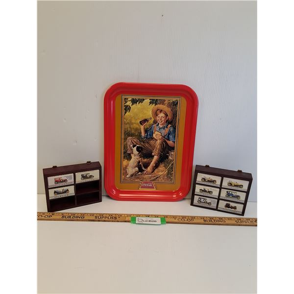 Coca Cola Collector Serving Platter, (2) Model Car Collector Display w/Boxes (EMPTY BOXES)