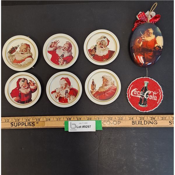 (6) Santa Coca Cola Round Metal Wall Decor & (2) Christmas Decorations