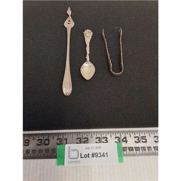 (3) Vintage Sterling Silver Dining Implements (Tong 11.5g, Spear 16.4g, Spoon 8.4g)