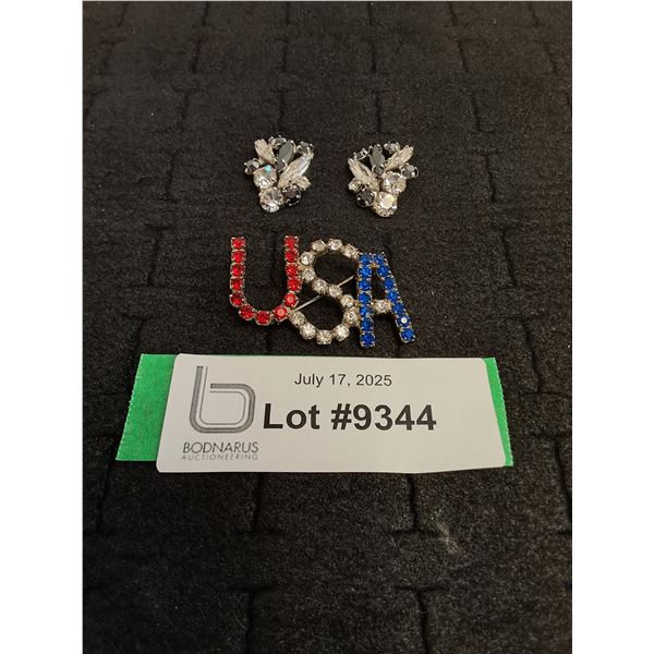 Vintage Set of Sherman Black and Clear Stone Clip-on Earrings & USA Jeweled Lapel Pin