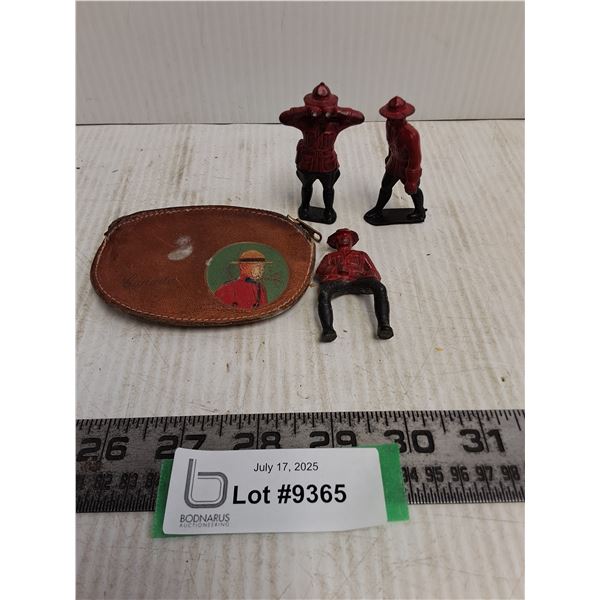 Vintage RCMP Leather Change Purse & 3 Toy RCMP Figurines