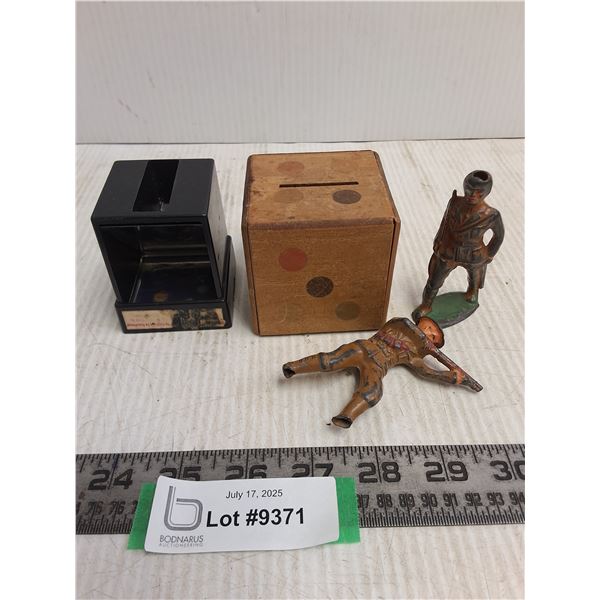 Vintage Mirror Ball Handheld Game, Wooden Dice Coin Bank, 2 Metal Toy Soldiers
