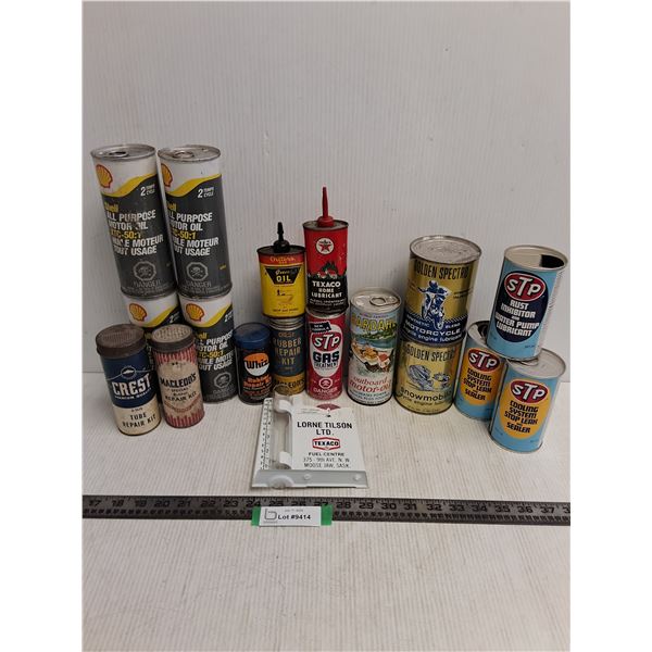 Cans of Assorted Motor Oils & Some Empty Tins, Texaco Metal Rain Gauge - PICK UP ONLY
